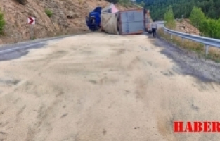 Gümüşhane’de Makarna Yüklü Tır Devrildi
